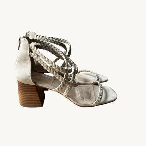 Joie Size 8.5 Taupe Felina Faux Suede Braid Strap Open Toe Block Heel Sandals